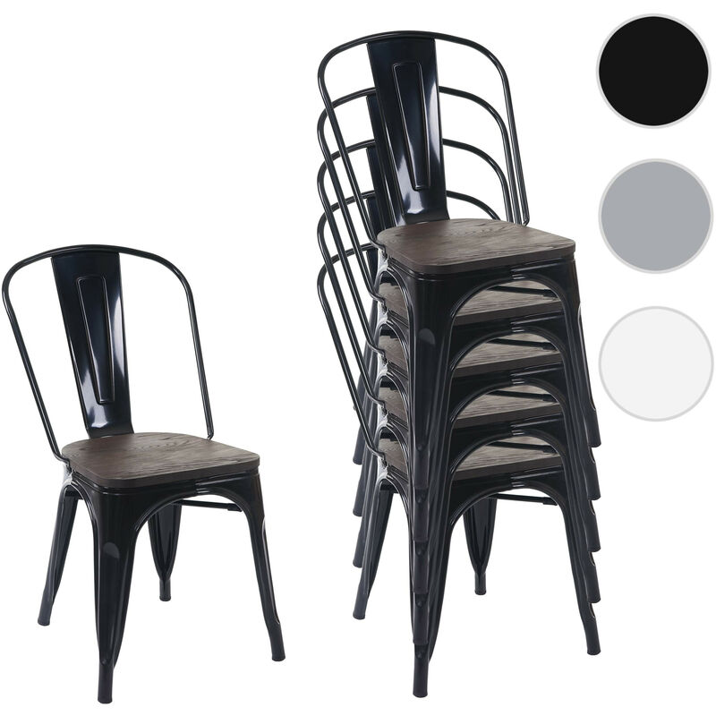 6x chaise de bistro HW C-A73, avec siège en bois, chaise empilable, métal, design industriel noir