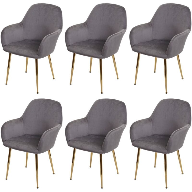 Lot de 6 chaises de salle à manger HHG 240, chaise de cuisine, design rétro, velours gris, pieds dorés