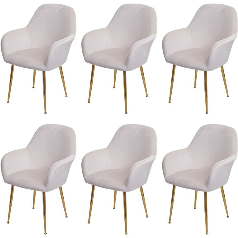 Lot de 6 chaises de salle à manger HHG 240, chaise de cuisine, design rétro, velours crème-blanc, pieds dorés