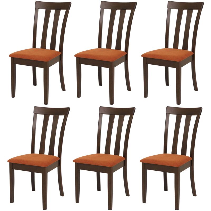 Lot de 6 chaises de salle à manger HHG-451, chaise de cuisine, tissu/textile, bois massif, piètement foncé, orange