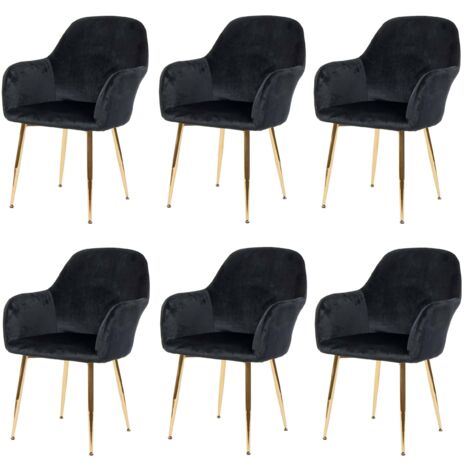 6x chaise de salle à manger HWC-F18, chaise de cuisine, design rétro - velours noir, pieds dorés