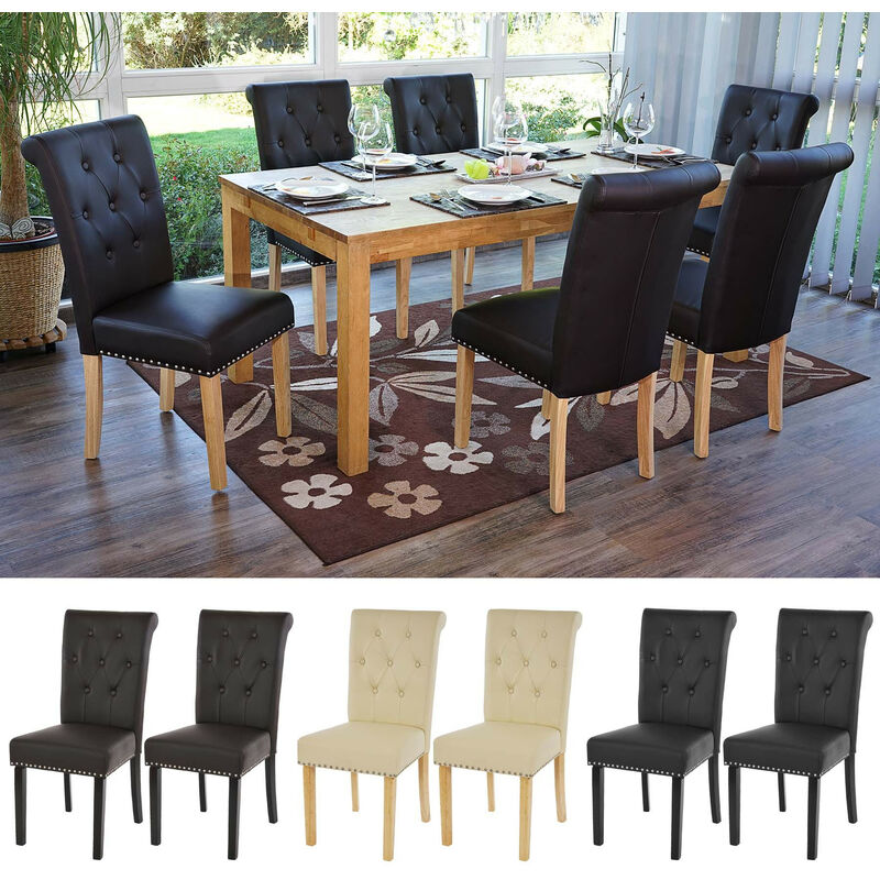 Mendler - 6x chaise de salle à manger Chesterfield ii, fauteuil avec rivets, similicuir crème, pieds foncés