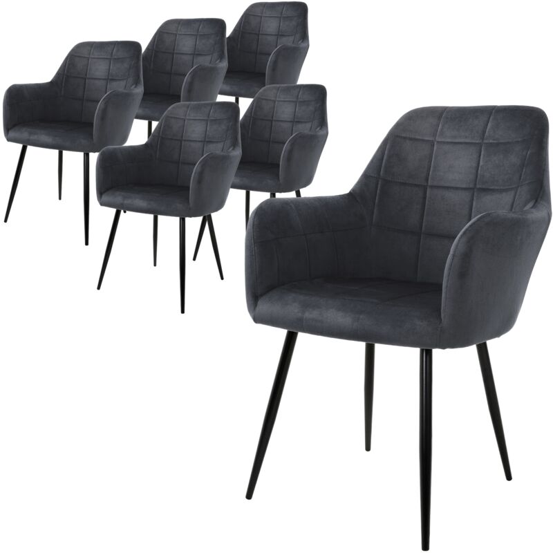 Ecd Germany - Lot de 6 Chaises de Salle à Manger Cuisine Salon Séjour Gris Foncé Assise Siège Rembourrée en Velours Structure en Métal Fauteuil Rétro
