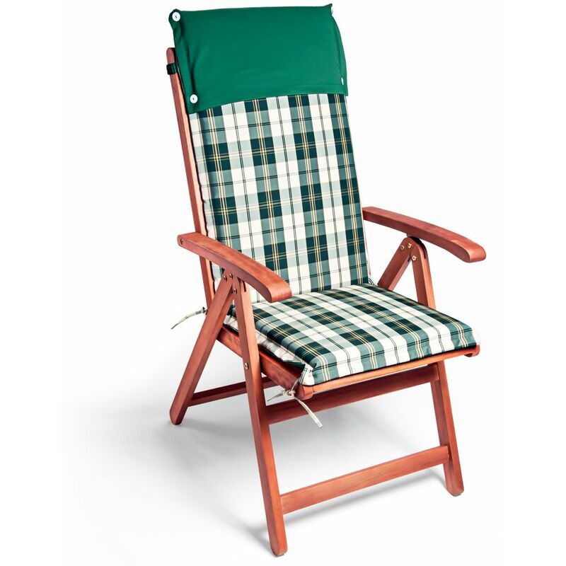 Set de 6x Coussins de chaise avec dossier Attaches incluses Rembourrage épais 5cm Jardin maison intérieur extérieur Vert et blanc à carreaux