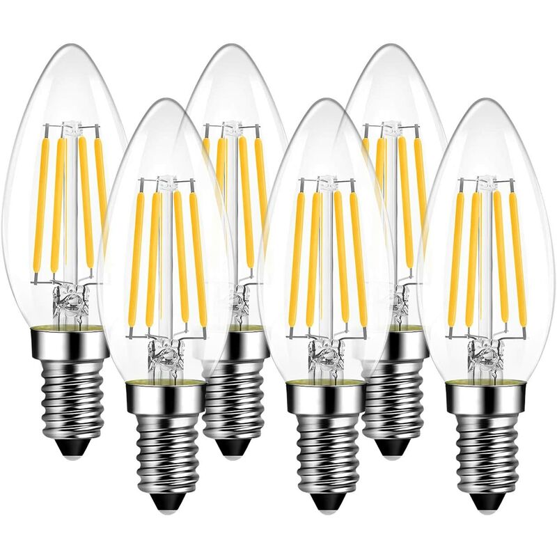 

6x E14 C35 Bombilla de filamento LED de 4W, equivalente a una lámpara halógena de 40W, 470 lúmenes, 220-240V CA -2700K - Ángulo de haz 270 ° - Blanco