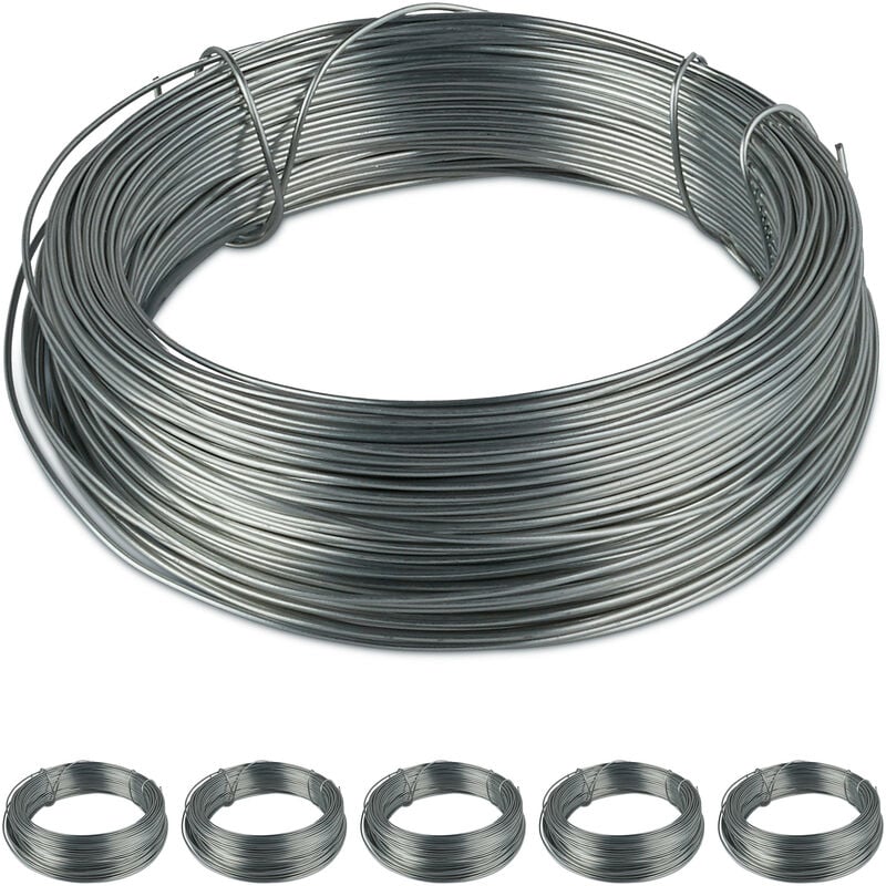 Galvanised Binding Wire, Set of 6, Steel, Thin Garden Wire, Crafting, 50 m Long, 1 mm Thick, Silver, Rustproof - Relaxdays