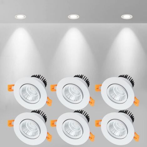 AOUGO 6x LED Recessed Spotlights, 5W COB Recessed Ceiling Light, Cool White 6000K, 500LM, AC 220-240V, Ra≥90, Beam Angle 24°, IP44, For Bathroom, Kitchen, Living Room, Hallway (White)(Aperture: 75mm)