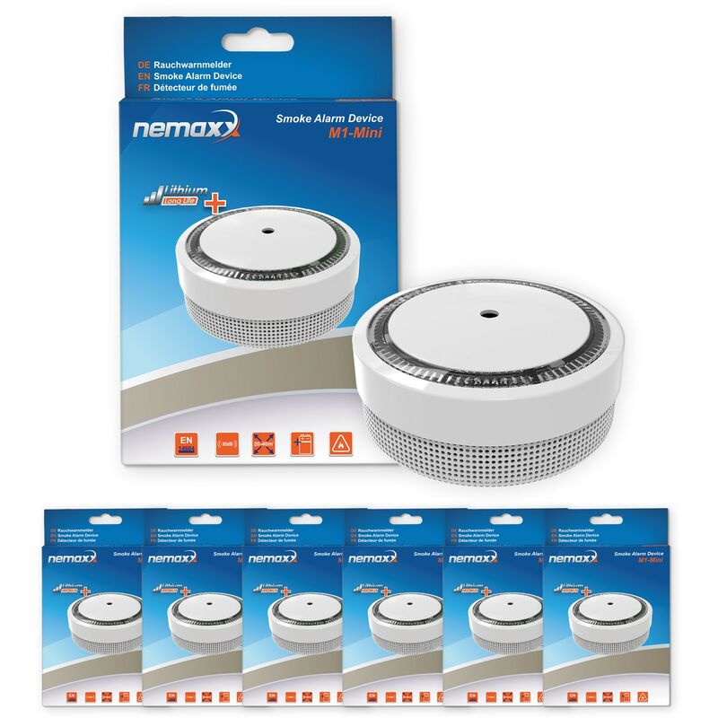 

6x Nemaxx Detector de humo M1-Mini sensibilidad fotoeléctrica - con batería de litio tipo DC3V - conforme la norma DIN EN14604 & Vds - blanco