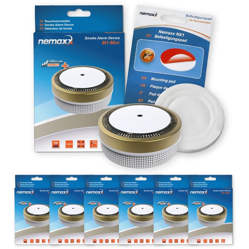 

6x Nemaxx Detector de humo M1-Mini sensibilidad fotoeléctrica - con batería de litio tipo DC3V - conforme la norma DIN EN14604 & Vds - dorado + NX1