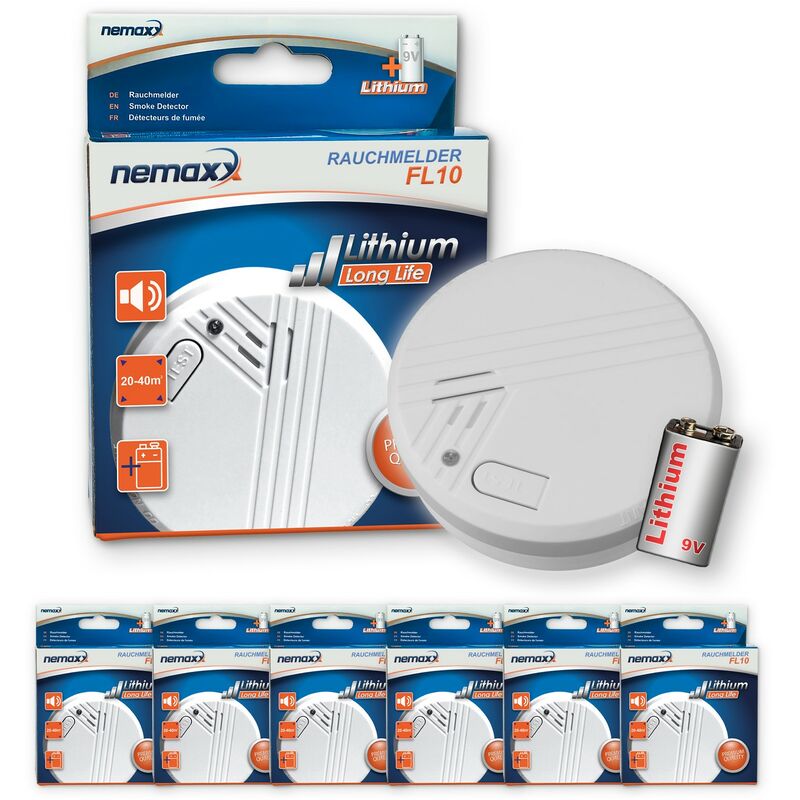 

Nemaxx - 6x FL10 detector de humo con batería de litio de 10 años , Alarma de seguridad contra incendios - de acuerdo a la norma DIN EN 14604