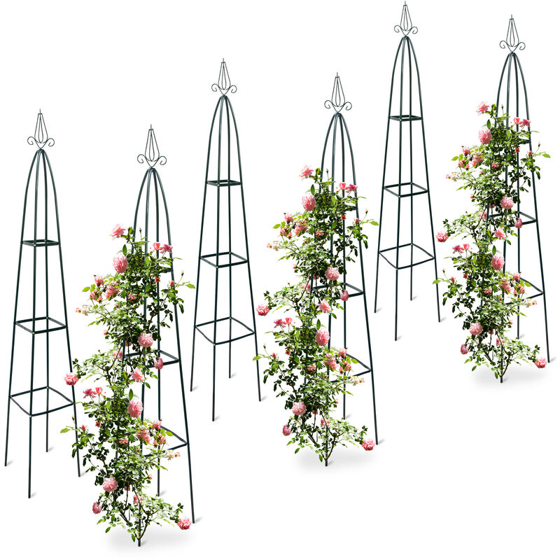 Relaxdays - 6x obélisques de jardin pour roses, sur pied, tuteur plantes grimpantes, colonne, métal, hlp 192 x 35 x 35 cm, vert
