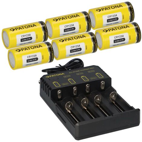 6x PATONA Li-Ion 3,7V Akku CR123A 700mAh 2,59Wh + Lader