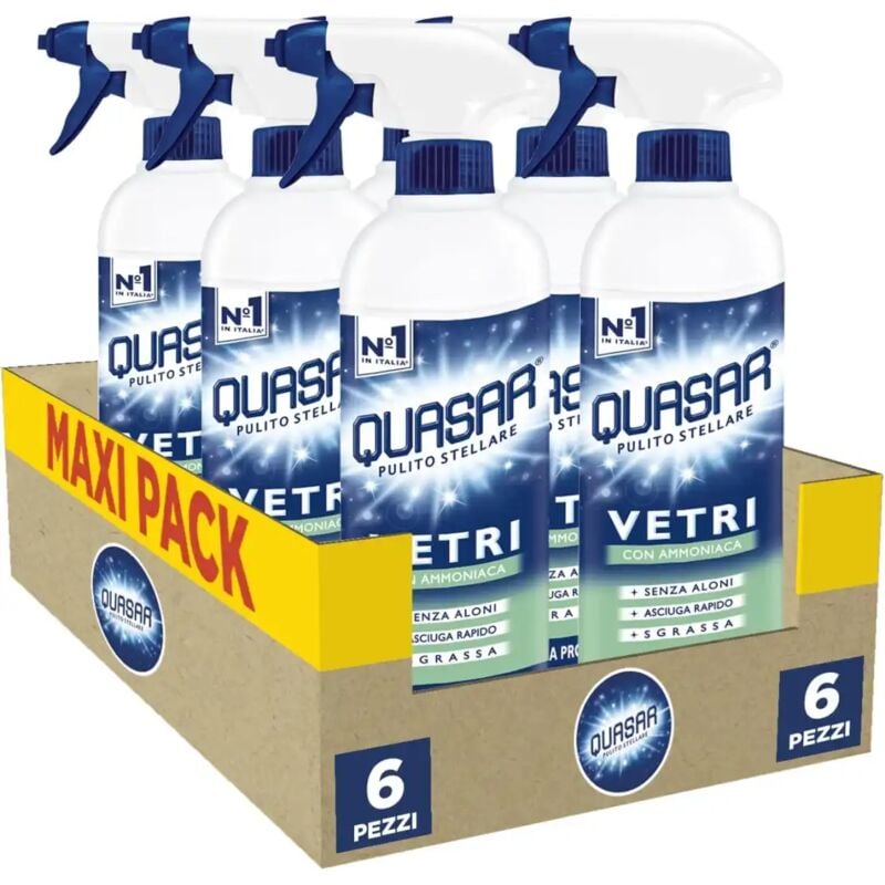 6x Quasar Vetri con Ammoniaca Senza Aloni Asciuga Rapido Sgrassa Flaconi 750ml