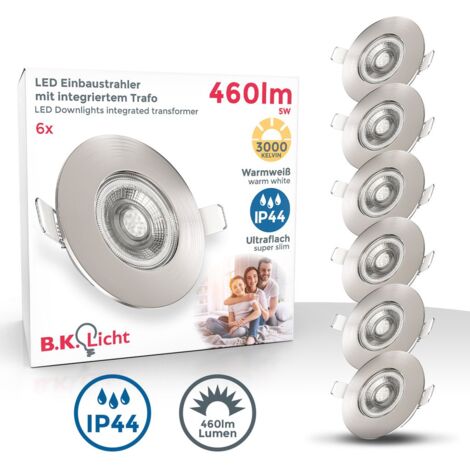 main image of "6x spots 5W LED encastrables spécials sdb ultra-plats nickel mat salle de bain IP44"