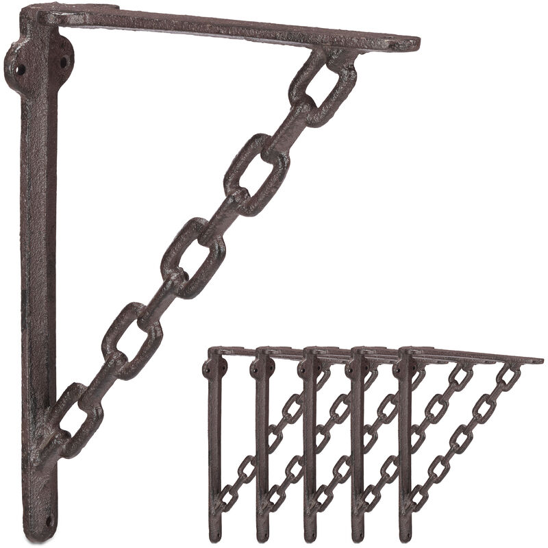 Set of 6 Relaxdays Cast Iron Shelf Brackets, Antique Look, Extraordinary Chain Design, Support for Shelves, Rusty Brown