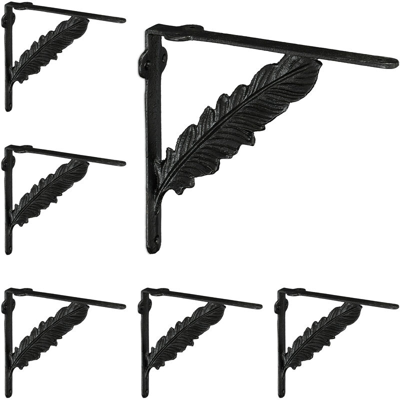 Relaxdays - Set of 6 Shelf Brackets, Cast Iron, Rack Support, Feather Form, hwd: 19 x 4 x 21 cm, Angle for Shelves, Black