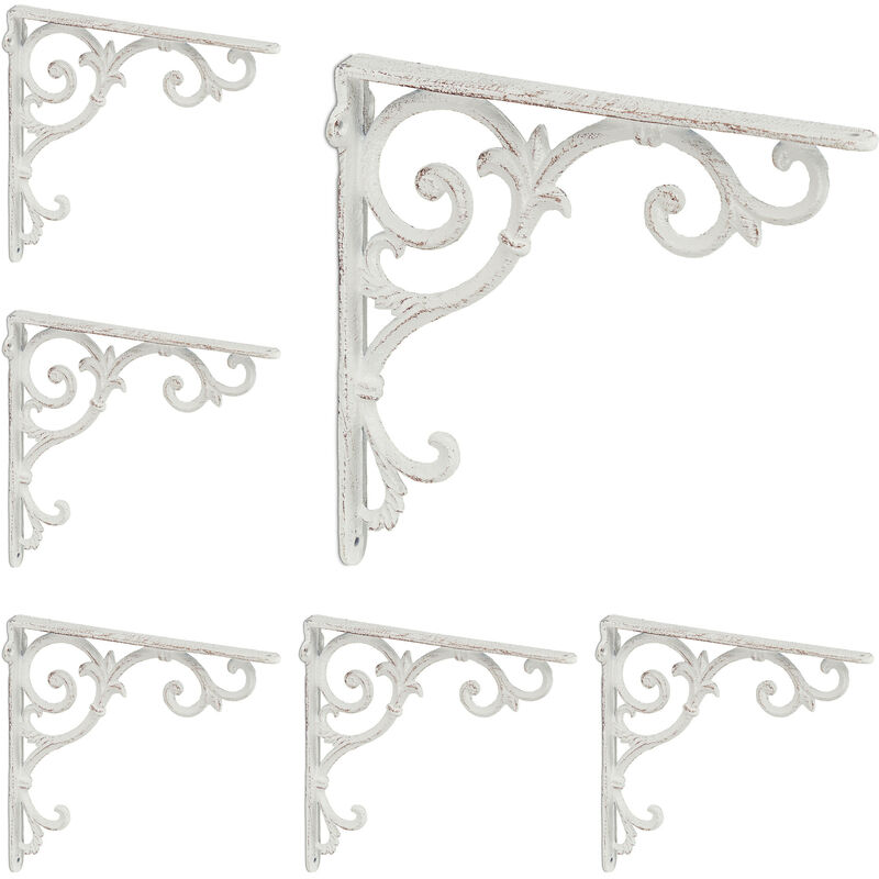 Relaxdays - 6x Shelf Brackets, Cast Iron, Rack Support, Vintage Motif, hwd: 24.5 x 4 x 24.5 cm, Angle for Shelves, White