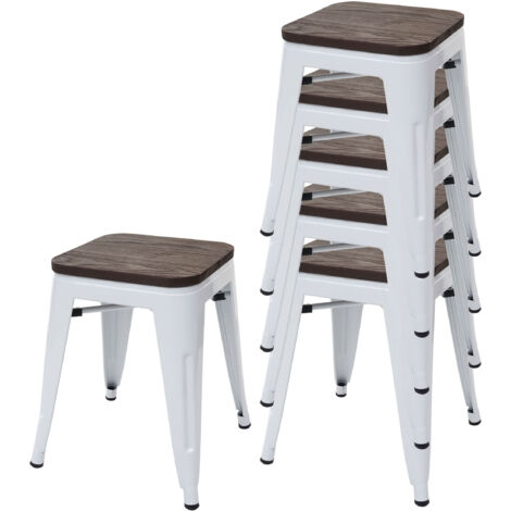 6x tabouret HWC-A73, avec siège en bois, métal, style industriel, empilable - blanc