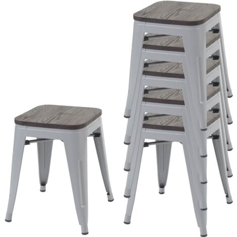 6x Tabouret HWC-A73, avec siège en bois, métal, style industriel, empilable  - gris