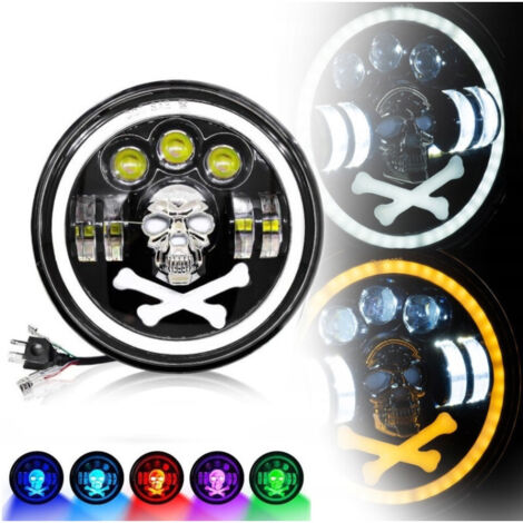 Универсален 7 инча 18см ЛЕД LED фар халоген 12V-24V къси/дълги с DRL дневни светлини мигач бяло-жълто и череп с RGB подс