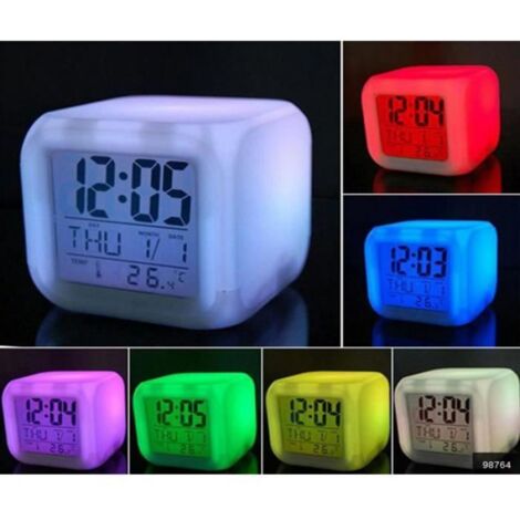7 Couleurs Led Changement Numérique Réveil Bureau Gadget Numérique Alarme Thermomètre Nuit Glowing Cube Lcd Horloge