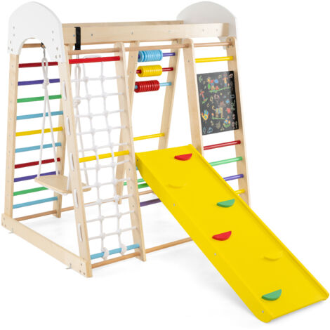7 en 1 Aire de Jeux Intérieure en Bois Enfant avec Tableau Noir & Balançoire, Triangle d'escalade Montessori avec Échelle & Filet, pour 3 Ans+,Coloré
