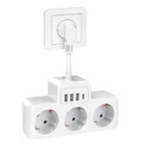 7 en 1 Multiprise Electrique 3 Prises, Multiprise Murale avec 3 Prises AC et 4 Ports USB,  Prise USB Secteur Multiple avec Cordons Court