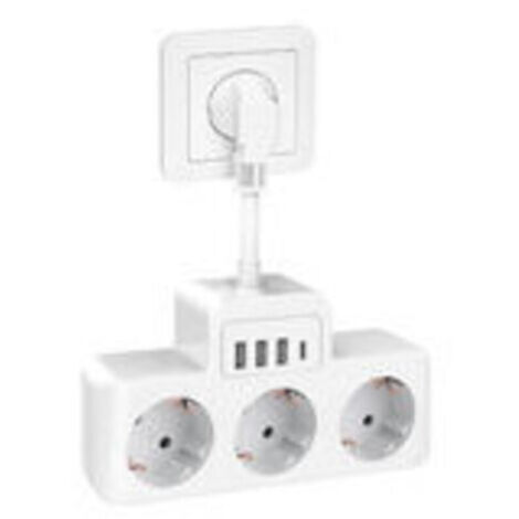 7 en 1 Multiprise Electrique 3 Prises, Multiprise Murale avec 3 Prises AC et 4 Ports USB,  Prise USB Secteur Multiple avec Cordons Court