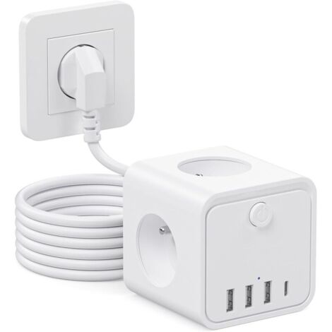 7 en 1 Multiprise USB Multiple 3 Prises Multiple avec 1 Type C et 3 Ports USB, 1.5m Cable Multiprise avec Interrupteur Parafoudre