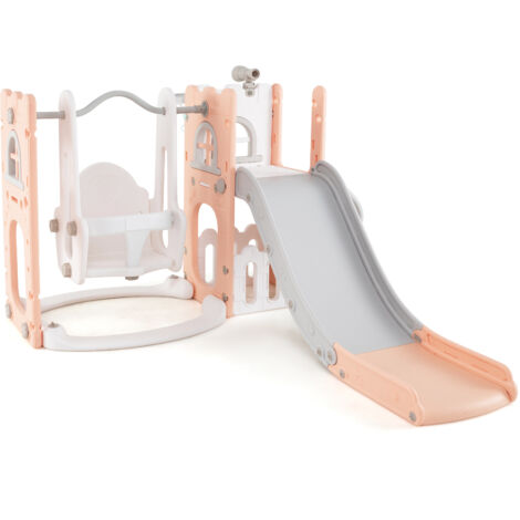 7 en 1 Toboggan Enfant en HDPE avec Balançoire & Panier de Basketball, Aire de Jeux Intérieure avec Télescope & Échelle, pour 1-3 Ans, Rose+Blanc