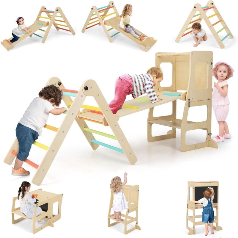 Goplus - 7 en 1 Toboggan Triangle d'escalade Montesorri, Escabeau Convertible, Tableau Noir, Table,Chaise,pour 3-14Ans, Coloré