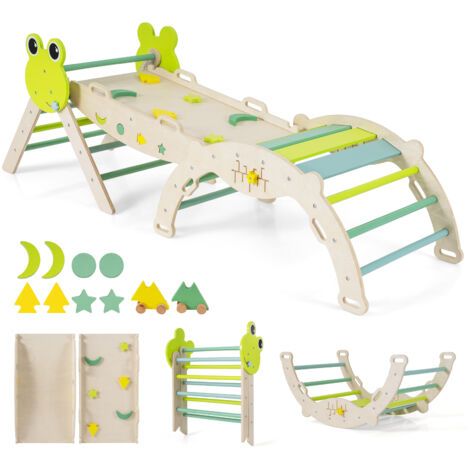 7 en 1 Triangle d'escalade Enfant Pliable sur Thème Grenouille avec Rampe & Échelle, Arche d'escalade Montessori en Bois Hêtre, pour 1 an+, Vert