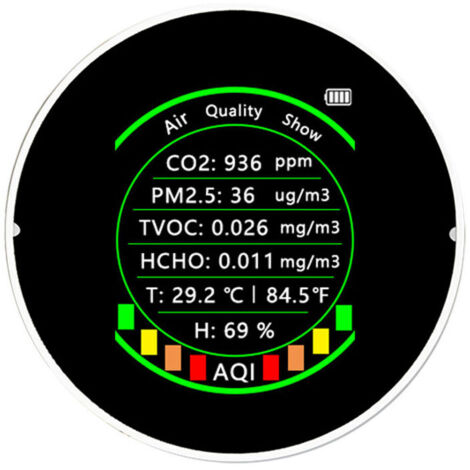 7-in-1-Multifunktions-Luftqualitätsmessgerät, PM2.5, CO2, TVOC, HCHO, AQI, Temperatur- und Feuchtigkeitstester, tragbarer Farbdisplay-Kohlendioxiddetektor mit A-Level-Schwellenwertfunktion