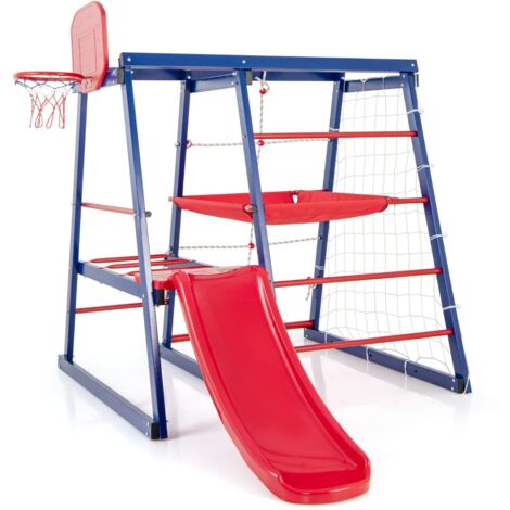7-in-1 Parco giochi con scivolo e rete scala rampicante e scala di corda, Giochi arrampicata in legno per 3-4 bambini 150x142x146cm