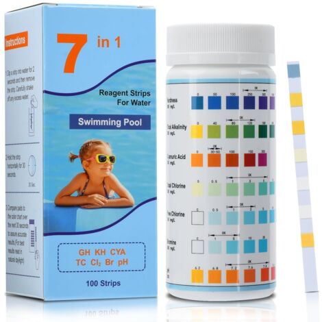 7-in-1-Teststreifen für Pools und Whirlpools, 100er-Packung zur Bestimmung von Härte, Gesamtalkalität, Cyanursäure, Gesamtchlor, Restchlor, Brom und pH-Wert