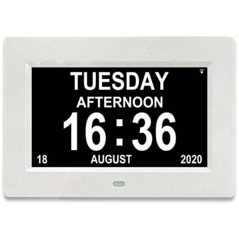 7 LCD-Digitaluhr mit Kalender und Datum, Kalenderuhr mit Datum, Tag und Uhrzeit, Alzheimer-Uhr, Uhr für Senioren, für Eltern (weiß)