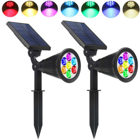 7 LED Solarleuchte 2er Pack Solar Flutlicht mit 7 Farbwechsel Außen Kabellos Wasserdicht IP65 Gartenlampe mit 180° verstellbarem Außen Solarstrahler für Garten, Hof, Außenbereich, Kamin