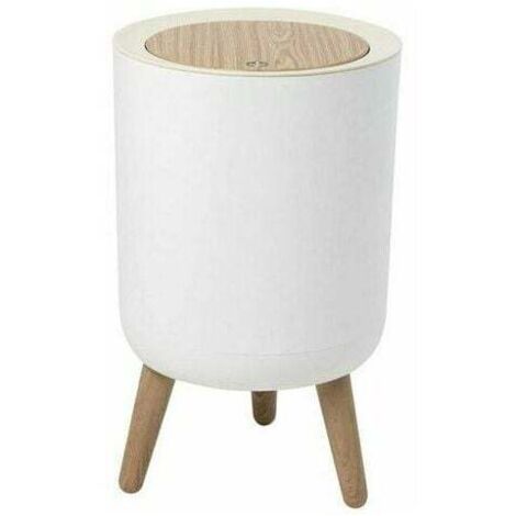 7-Liter-Badezimmer-Mülleimer, Mülleimer mit Druckdeckel, weißer Mülleimer, Holz-Stativ-Mülleimer, Kunststoff-Mülleimer für Küche, Bad, Schlafzimmer und Büro