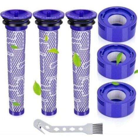 7-pack of replacement pre- and post-filters for Dyson V8 and V7 cordless vacuum cleaners. Filter set includes 3 HEPA post-filters, 3 pre-filters, and 1 white cleaning brush. Family pack, TRIMEC