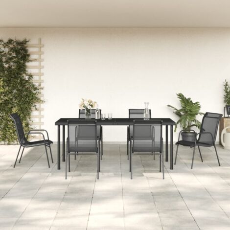 7 pcs Ensemble Table et Chaise de Jardin Contemporain  Ensemble Table à manger + 6 chaises noir textilène et acier 16636