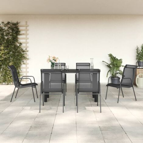 7 pcs Ensemble Table et Chaise de Jardin Contemporain  Ensemble Table à manger + 6 chaises noir textilène et acier 57407