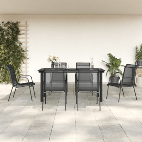 7 pcs Ensemble Table et Chaise de Jardin Contemporain  Ensemble Table à manger + 6 chaises noir textilène et acier 75774