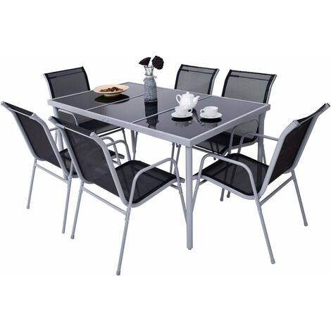 7 pcs ensemble table et chaise de jardin en metal, table en verre trempée, chaise en tissue