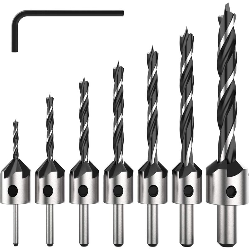 Langray - Set di 7 punte per trapano svasatore hss a 5 scanalature, punte per trapano svasatore per viti da legno di varie lunghezze, con semplice