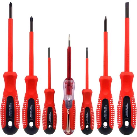 7 Piece 1000V Insulated Screwdriver Set Made from Premium CR-V Steel with Black Oxide Magnetic Bits and Non-Slip TPR Handle