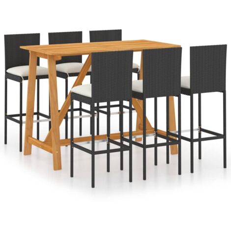 7 Piece Garden Bar Set with Cushions Poly Rattan Black vidaXL