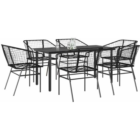 7 Piece Garden Dining Set Black Poly Rattan Glass vidaXL