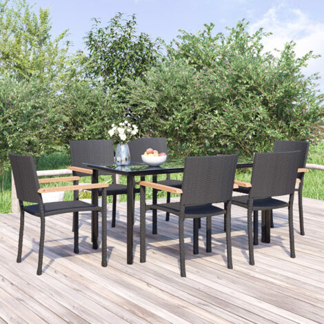 7 Piece Garden Dining Set Black Poly Rattan vidaXL