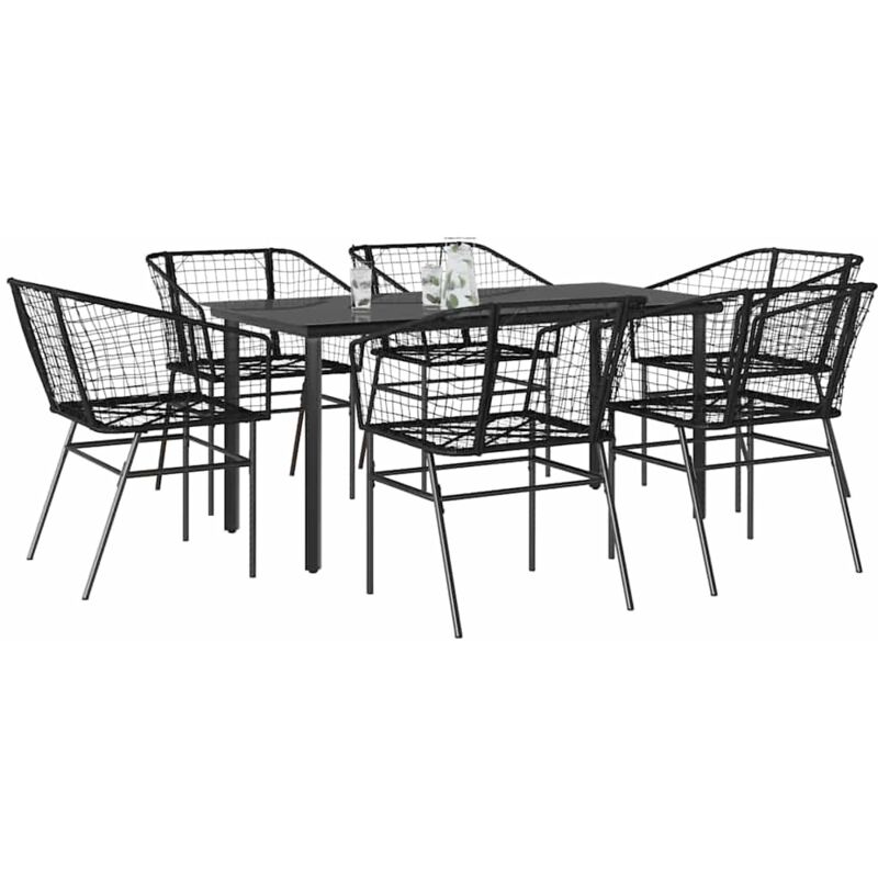 7 Piece Garden Dining Set Black Poly Rattan Glass Vidaxl
