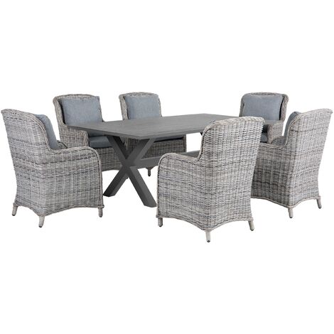 7 Piece Garden Dining Set Faux Rattan Grey Chairs Aluminium Table Outdoor Cascais - Grey
